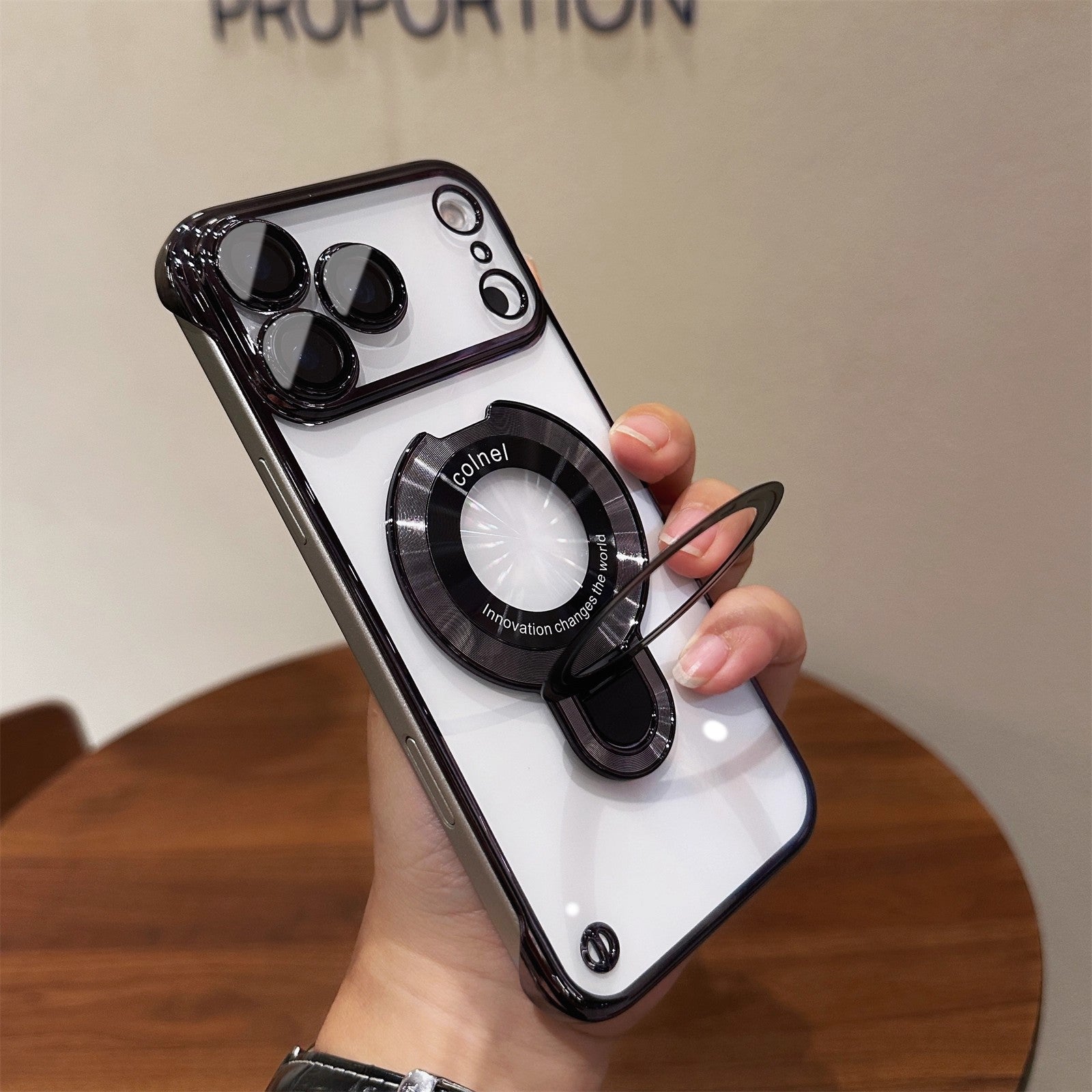 Ultra-Slim Frameless Magnetic Stand Case with Glass Lens Protector for Apple iPhone 17 / 16 / 15 Series