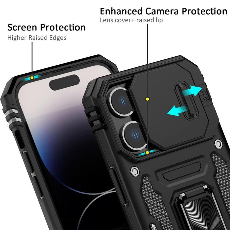Military-Grade Shockproof Phone Case with Sliding Camera Shield & 360° Ring Stand