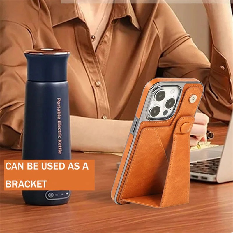 Full-cover Artificial Leather Case with Wristband Stand & Card Slot Suitable for iPhone Series