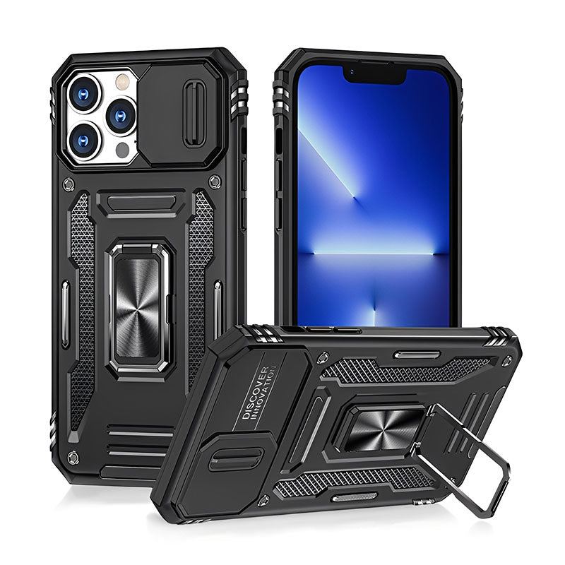 Military-Grade Shockproof Phone Case with Sliding Camera Shield & 360° Ring Stand