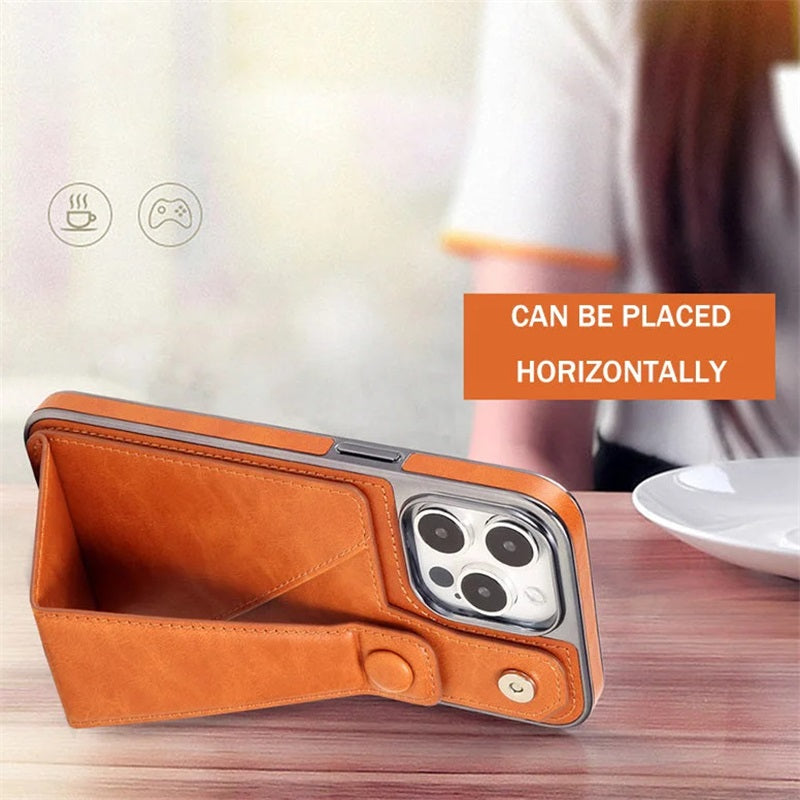 Full-cover Artificial Leather Case with Wristband Stand & Card Slot Suitable for iPhone Series
